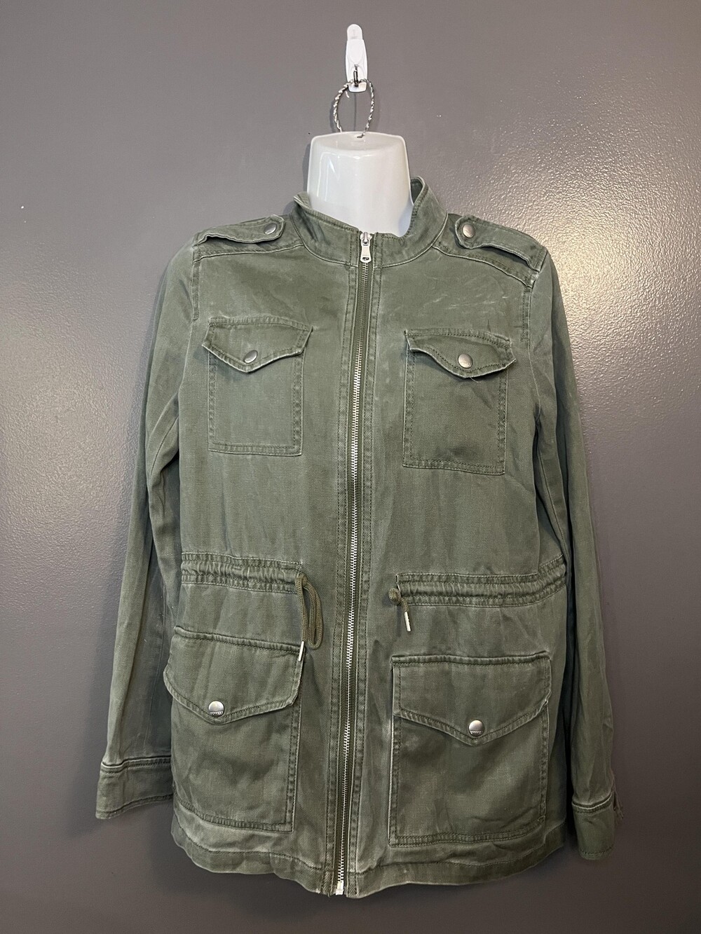 Express Jacket Womens XS Green Army Utility Field Zip Pockets Drawstring Waist